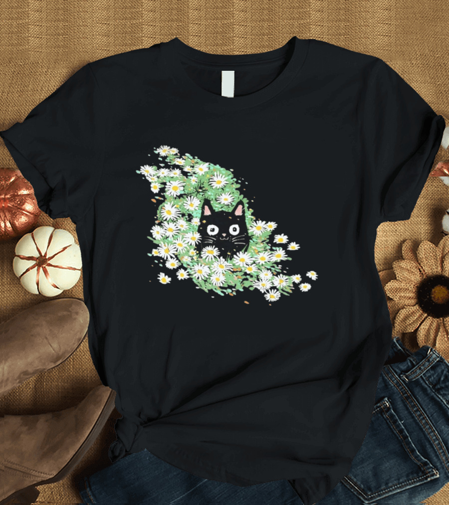 Black Cat Surrounded By Daisies In A Field T-Shirt