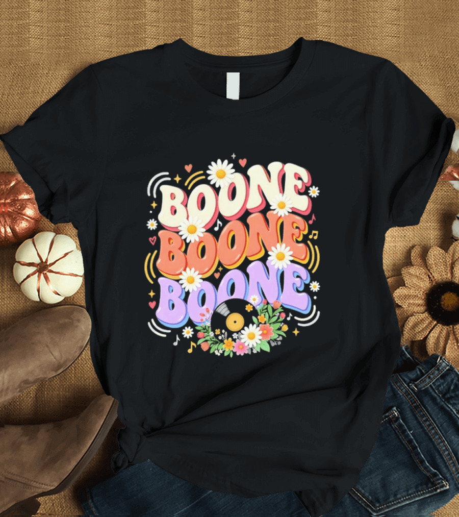 Boone Floral Vinyl Record Music Lover Colorful Daisy Notes Hearts T-Shirt