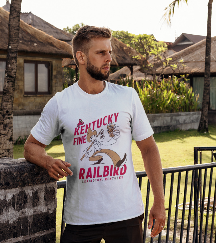 Kentucky Fine Railbird Lexington Kentucky Cowboy With Trophy And Cardinal T-Shirt