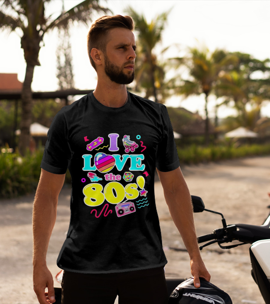 I Love The 80s Nostalgia Roller Skates Boombox Rubik's Cube Retro Fun T-Shirt