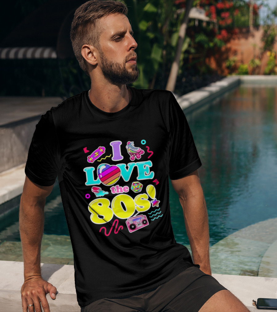 I Love The 80s Nostalgia Roller Skates Boombox Rubik's Cube Retro Fun T-Shirt
