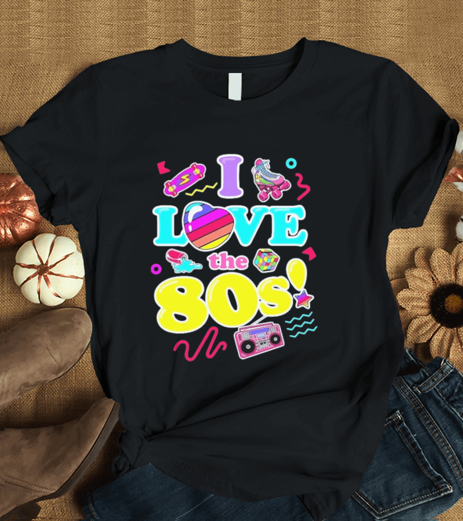 I Love The 80s Nostalgia Roller Skates Boombox Rubik's Cube Retro Fun T-Shirt