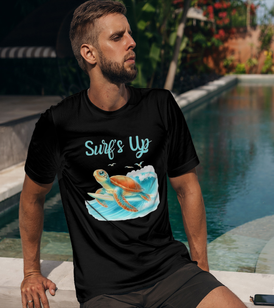 Surf's Up Turtle Riding Surfboard On Big Wave T-Shirt