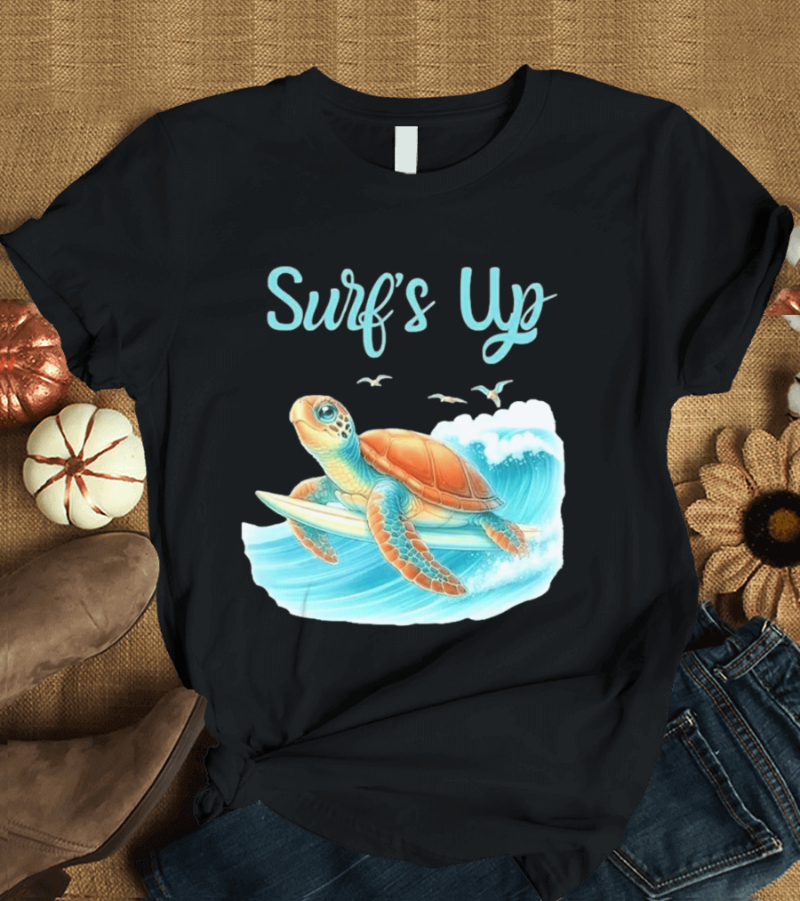 Surf's Up Turtle Riding Surfboard On Big Wave T-Shirt