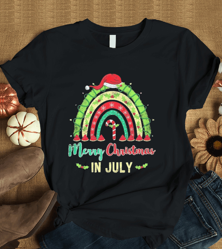 Merry Christmas In July Distressed Rainbow With Santa Hat And Candy Cane T-Shirt