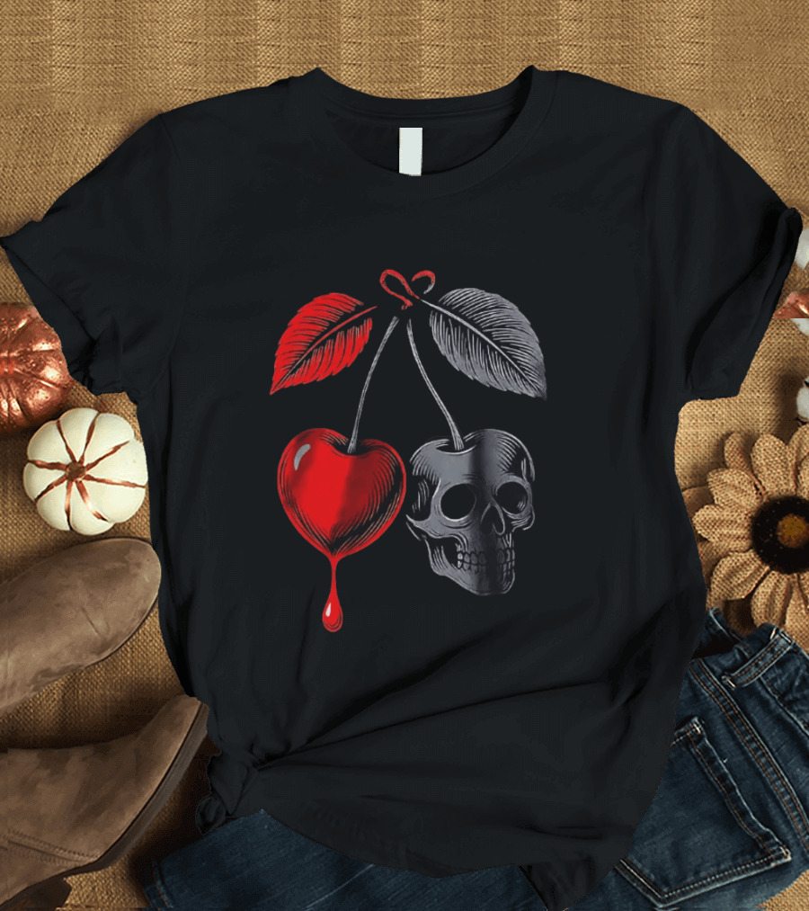 Bleeding Cherry Skull Memento Mori Gothic Macabre Dark Fruit T-Shirt