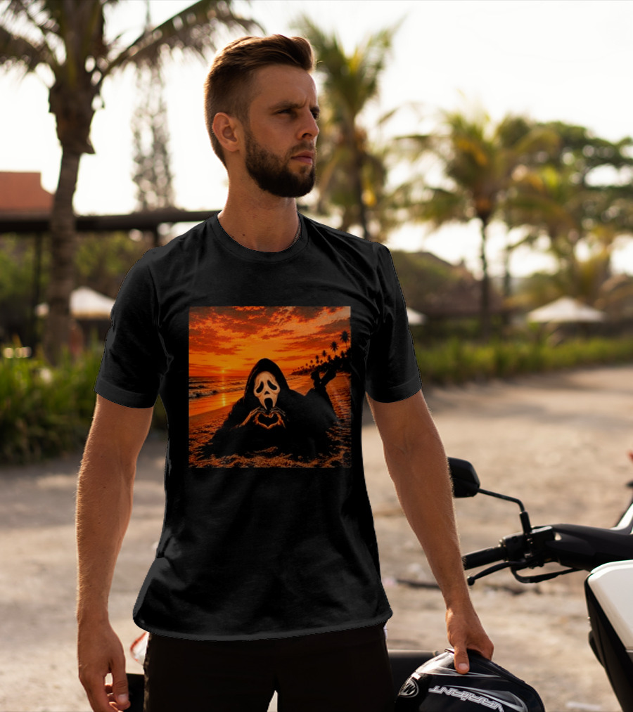Ghostface Heart Hands Beach Sunset Halloween 2026 T-Shirt