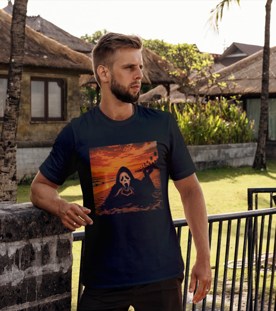 Ghostface Heart Hands Beach Sunset Halloween 2026 T-Shirt