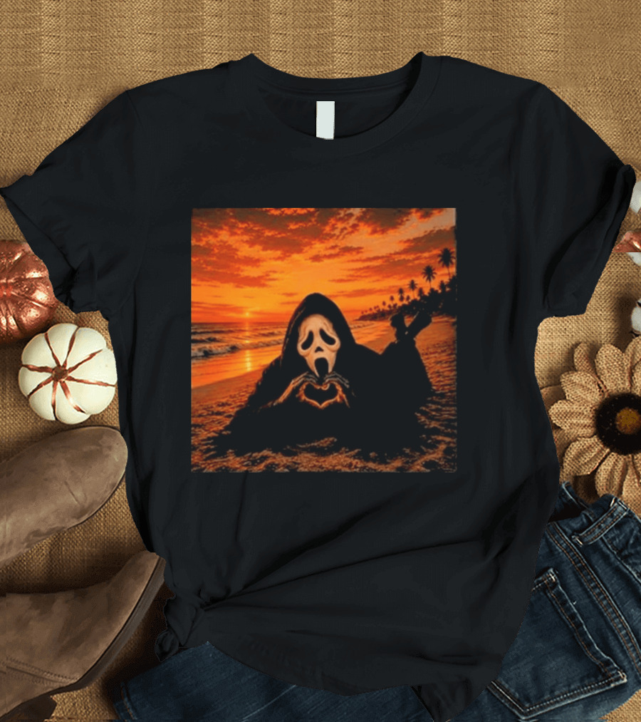 Ghostface Heart Hands Beach Sunset Halloween 2026 T-Shirt
