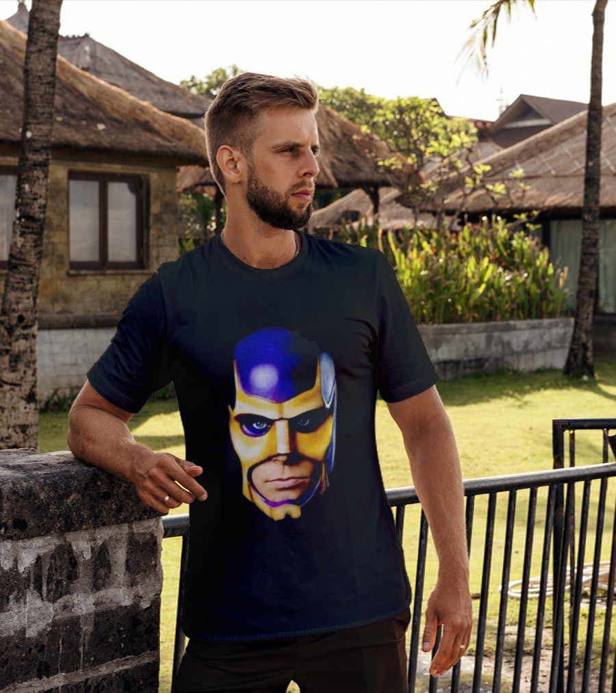 Realistic Painted Purple Gold Superhero Mask Face Close Up T-Shirt