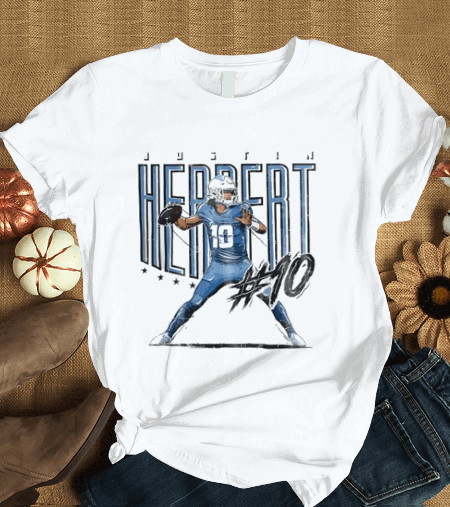 Justin Herbert 10 Quarterback Football Stars Distressed Sketch T-Shirt