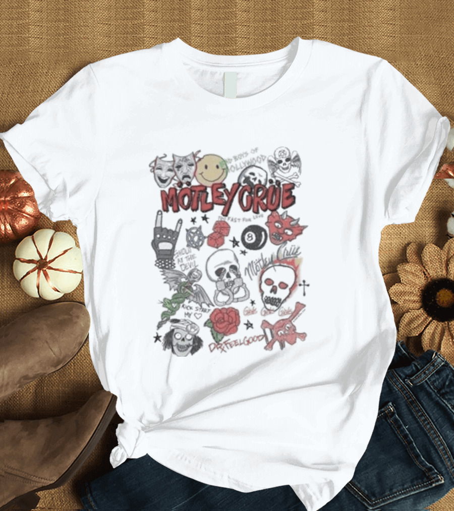 Motley Crue Album Doodle Collage Smiley Skull Roses Punk Rock T-Shirt