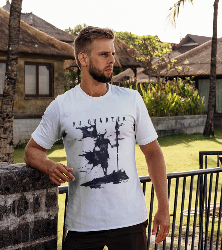 No Quarter Distressed Skeleton Warrior Dark Fantasy T-Shirt