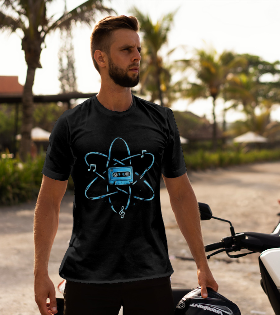 Atomic Cassette Tape Surrounded By Musical Notes And Atomic T-Shirt
