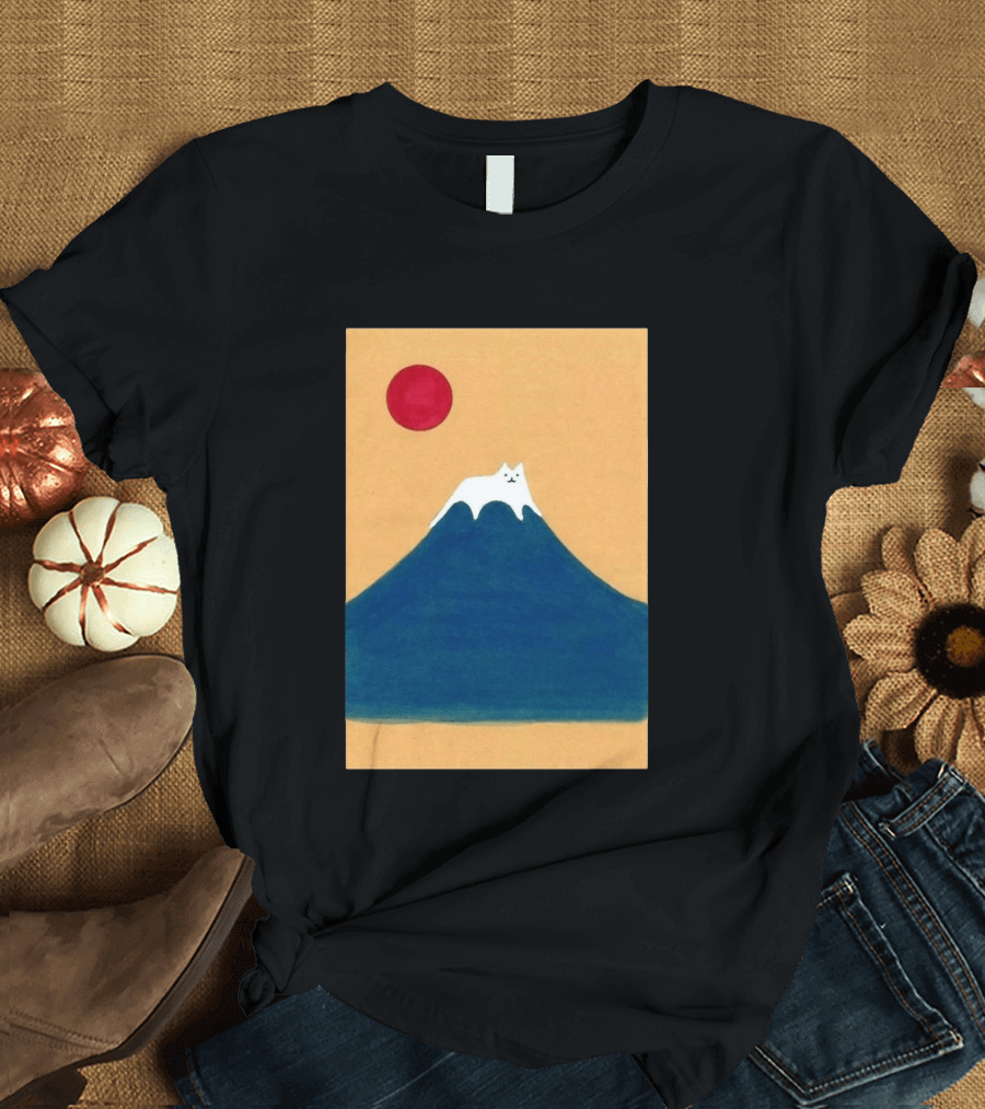 Meow Fuji Cat With Red Sun Illustration Japan T-Shirt