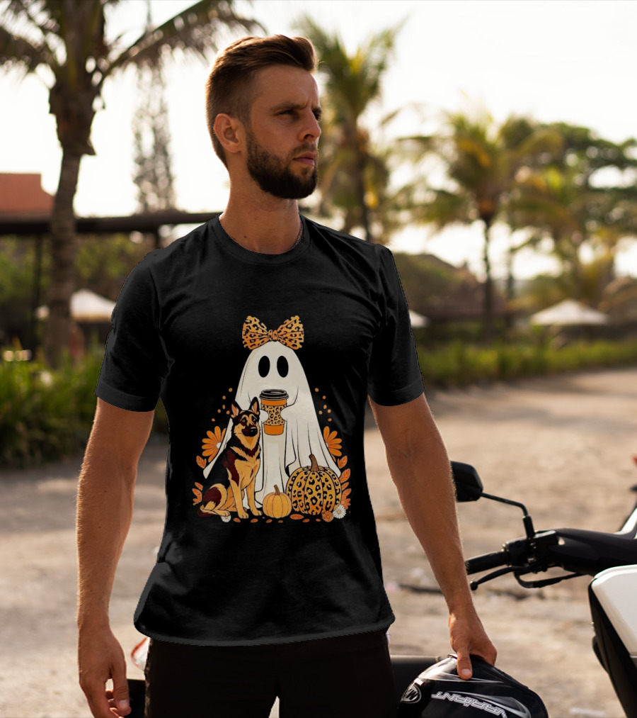 German Shepherd Ghost Leopard Pumpkin Coffee Halloween Bow T-Shirt