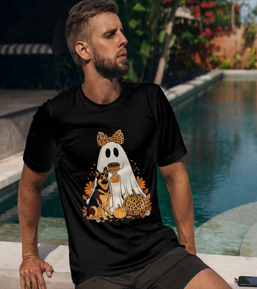 German Shepherd Ghost Leopard Pumpkin Coffee Halloween Bow T-Shirt