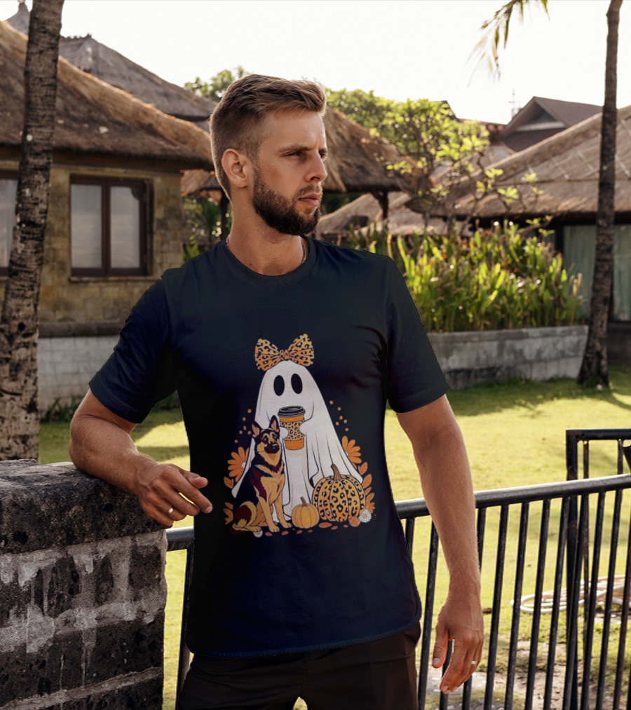 German Shepherd Ghost Leopard Pumpkin Coffee Halloween Bow T-Shirt