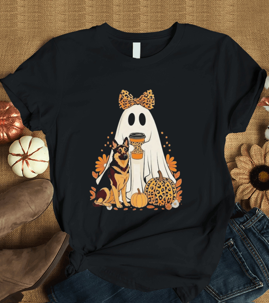 German Shepherd Ghost Leopard Pumpkin Coffee Halloween Bow T-Shirt