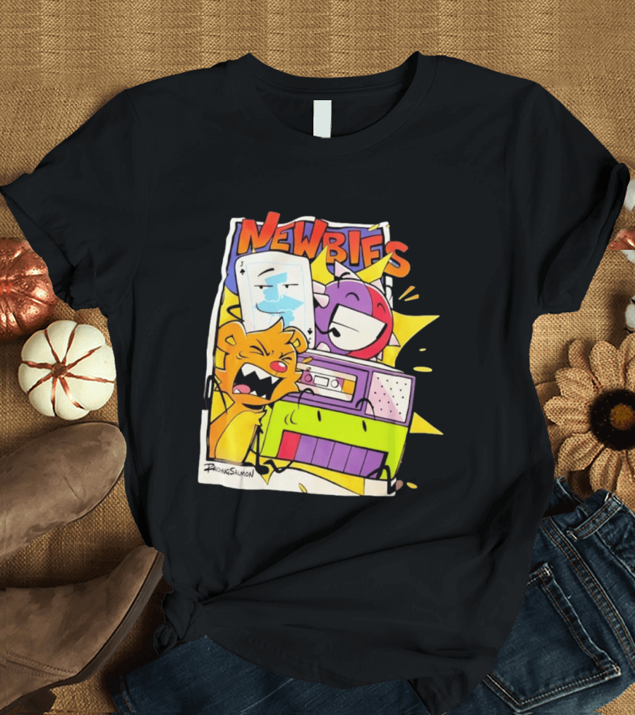 Newbies RaidingSalmon Cartoon Boombox And Cards Explosion T-Shirt