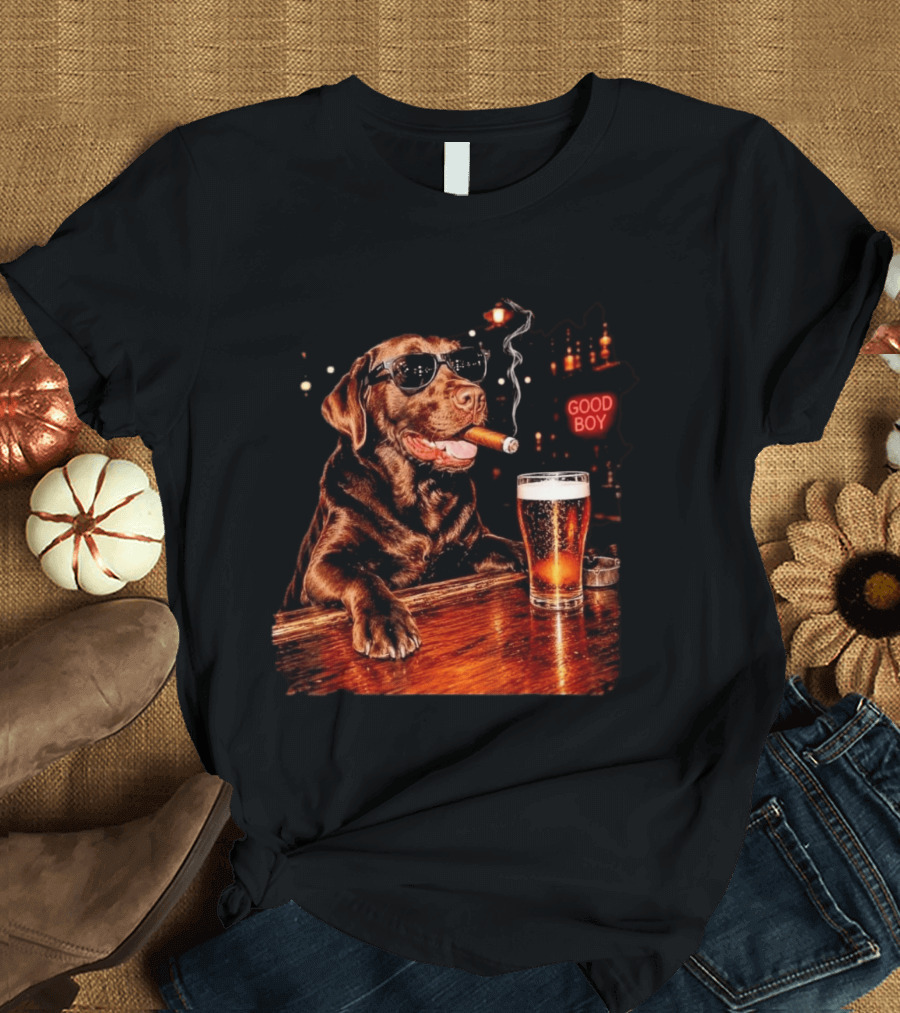 Silly Chocolate Labrador Retriever Drinking Beer Cigar Dog Good Boy Bar Night T-Shirt