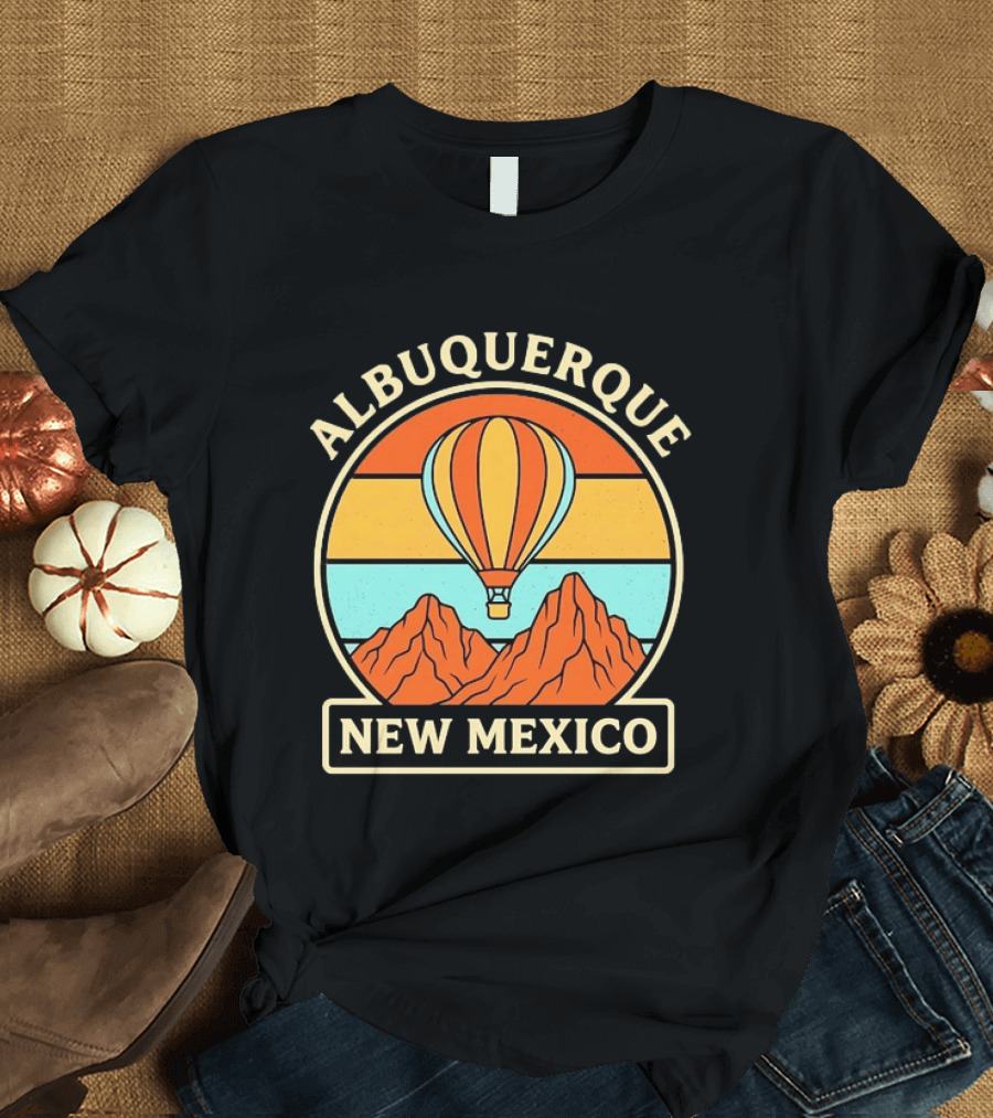 Albuquerque New Mexico Hot Air Balloon Over Mountains T-Shirt