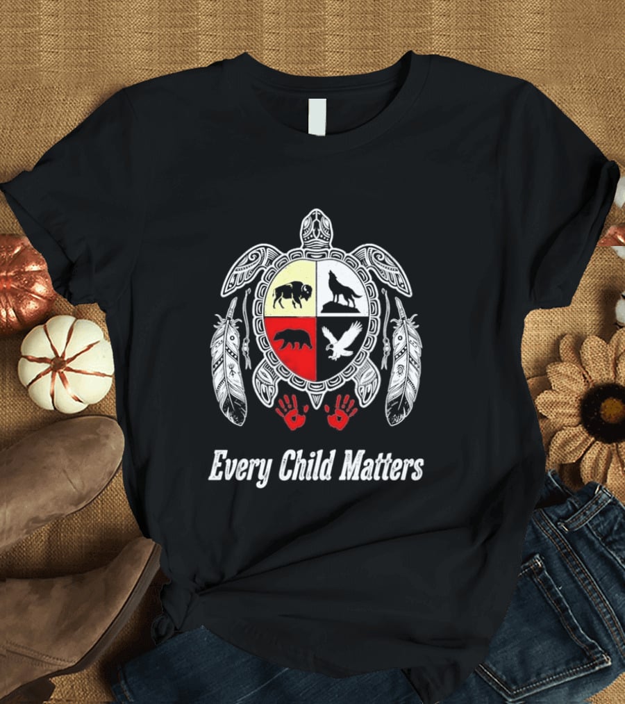 Every Child Matters Native American Turtle Medicine Wheel Feathers And Red Handprints T-Shirt