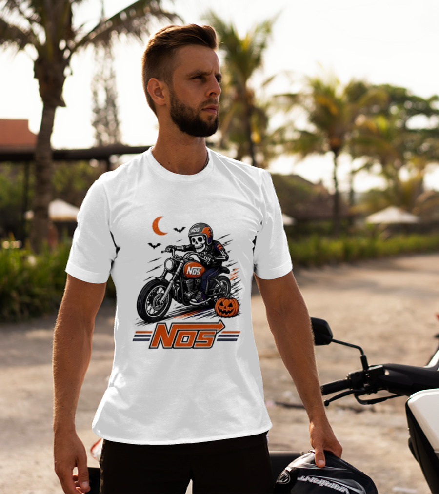 NOS Skeleton Biker Halloween Pumpkin Moon Bats T-Shirt