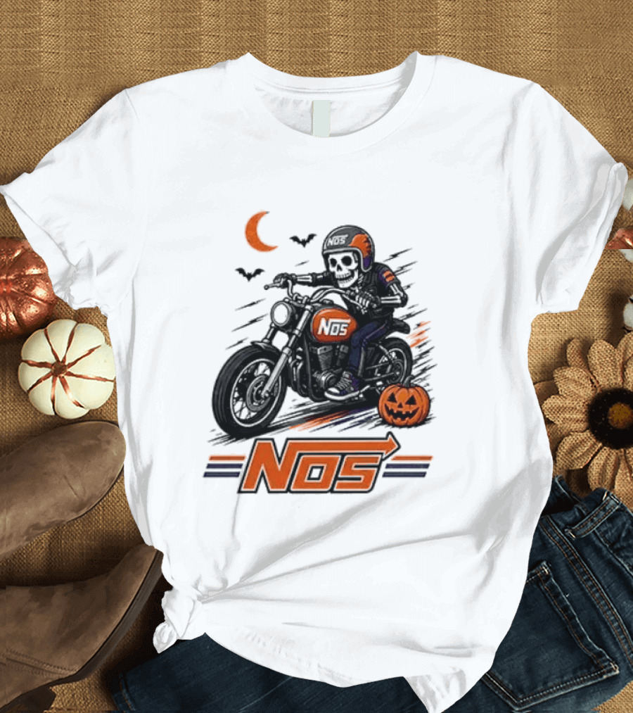 NOS Skeleton Biker Halloween Pumpkin Moon Bats T-Shirt