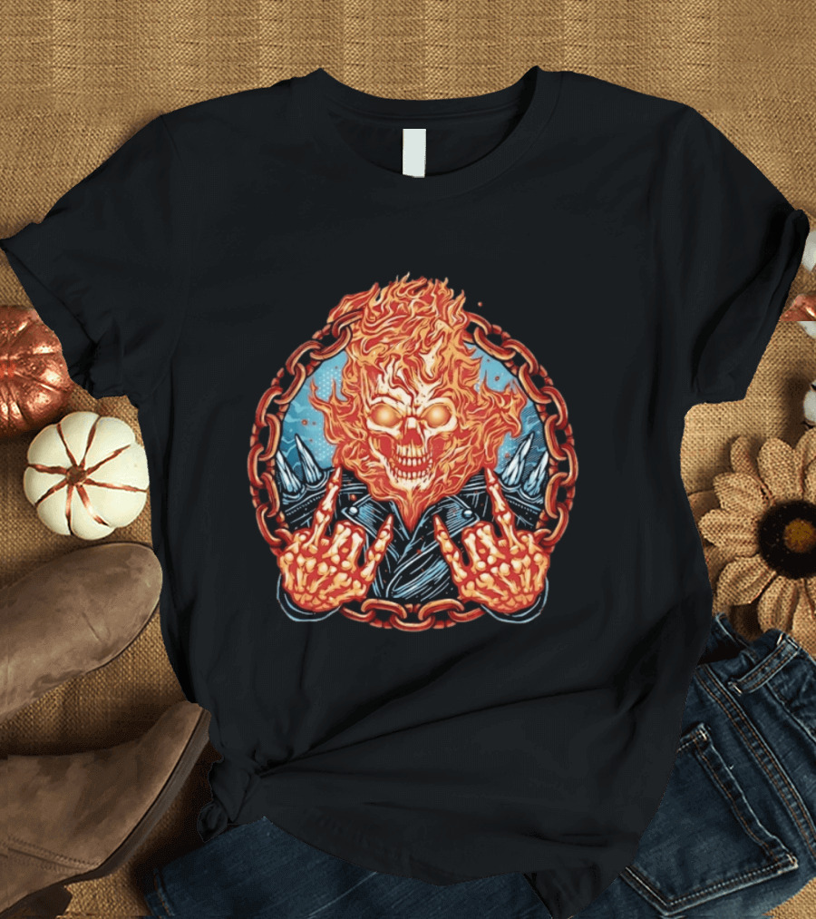 Ghost Rider Flaming Skull Heavy Metal Fiery Chain Rock And Roll T-Shirt