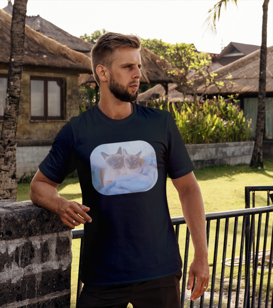 Siamese Cats Snuggling In Blue Blanket T-Shirt