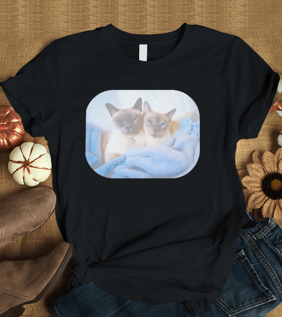 Siamese Cats Snuggling In Blue Blanket T-Shirt