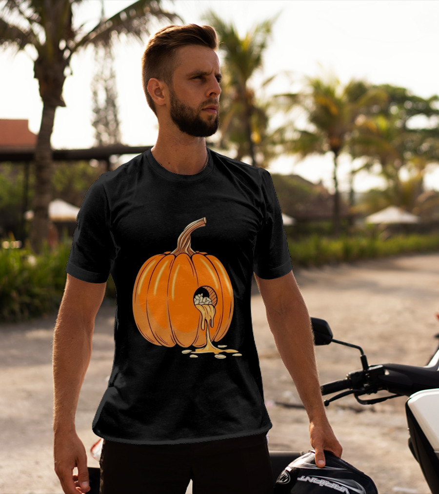 Gourdy Hole Halloween Pumpkin With Seeds Streaming Out T-Shirt