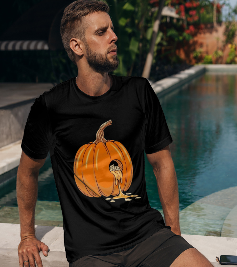 Gourdy Hole Halloween Pumpkin With Seeds Streaming Out T-Shirt