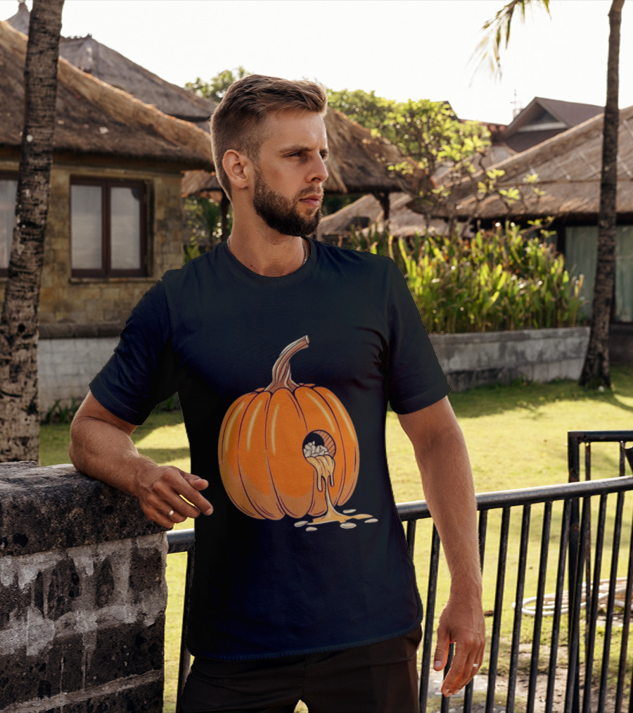 Gourdy Hole Halloween Pumpkin With Seeds Streaming Out T-Shirt