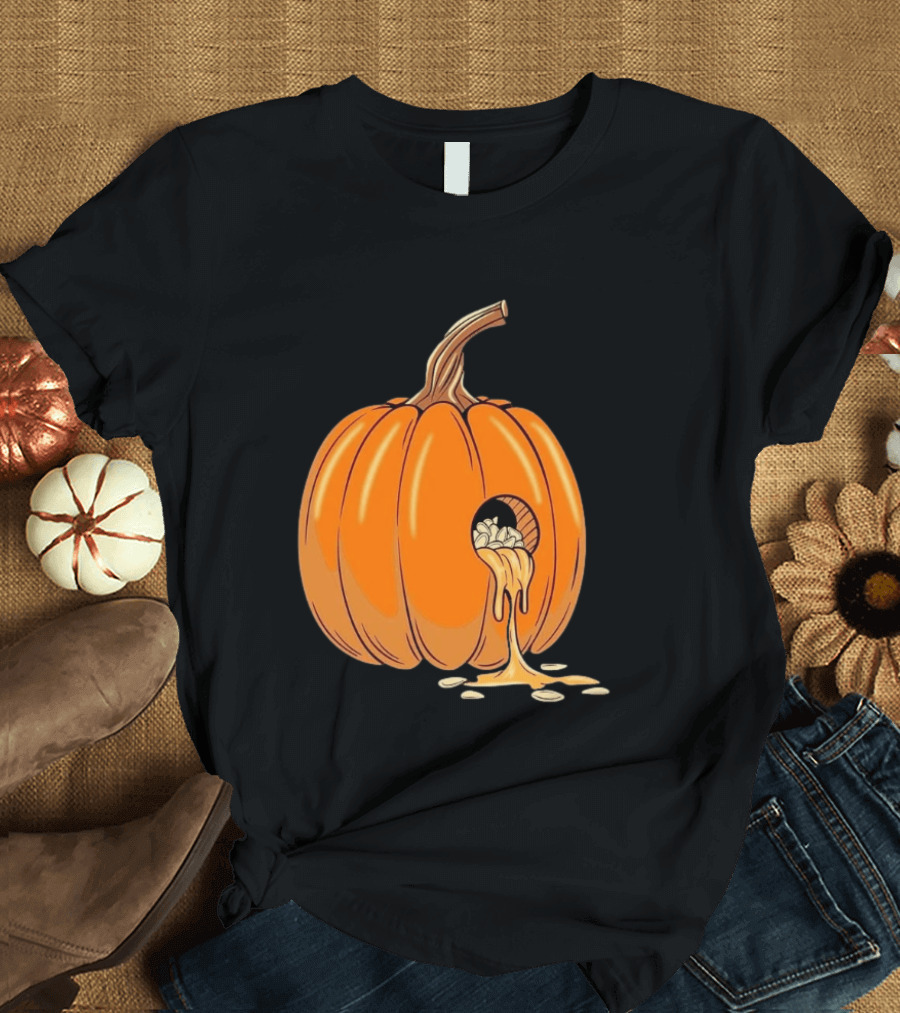 Gourdy Hole Halloween Pumpkin With Seeds Streaming Out T-Shirt
