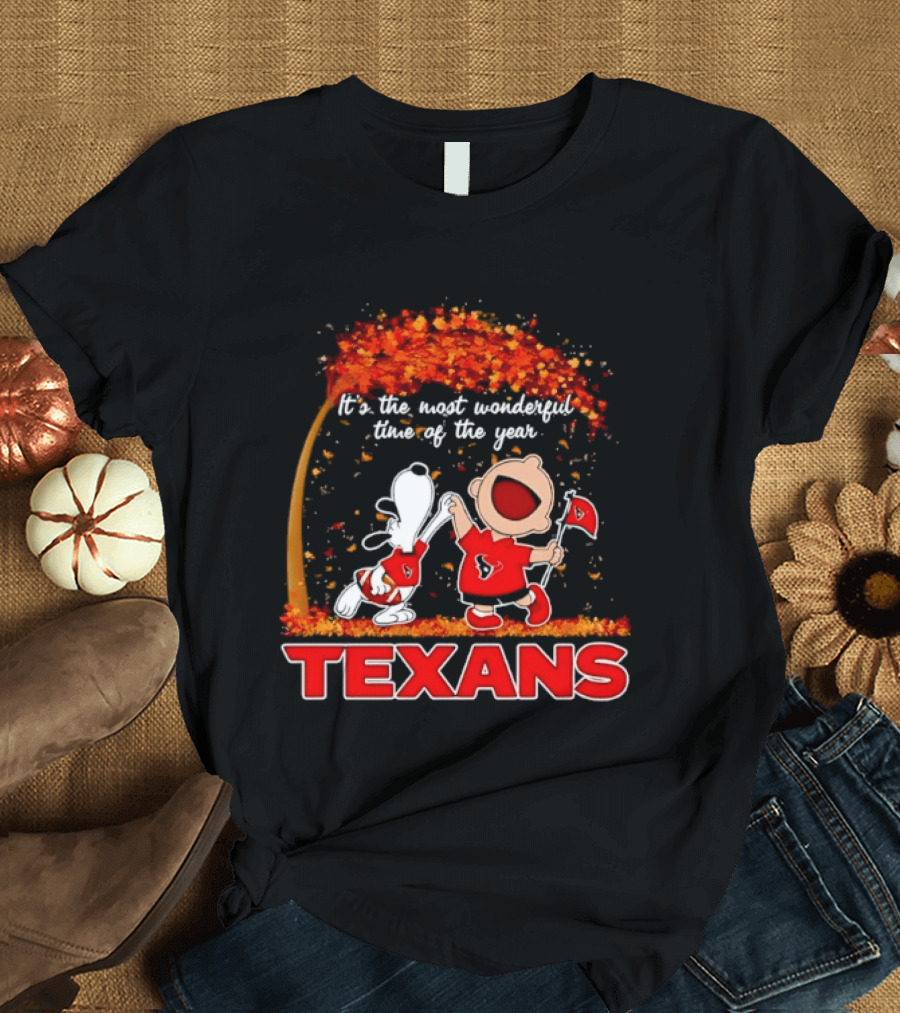 Snoopy And Charlie Brown It's The Most Wonderful Time Of The Year Texans Football Fan Celebration T-Shirt