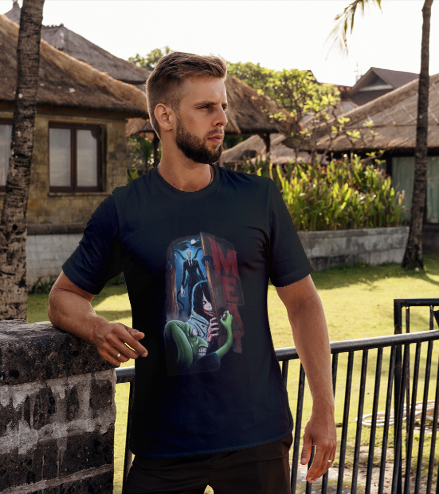 Meatcanyon Store Knock Knock Creepy Distressed Characters Horror Scene T-Shirt