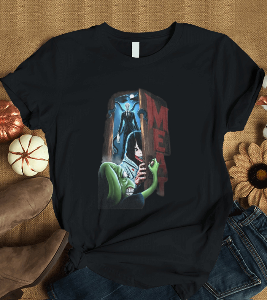 Meatcanyon Store Knock Knock Creepy Distressed Characters Horror Scene T-Shirt