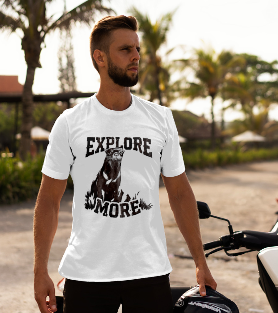 Explore More River Otter Tall Grass Distressed Woodcut Black White T-Shirt
