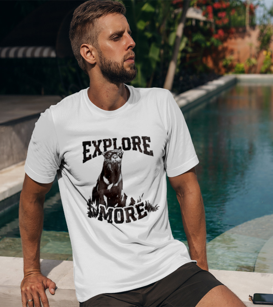 Explore More River Otter Tall Grass Distressed Woodcut Black White T-Shirt
