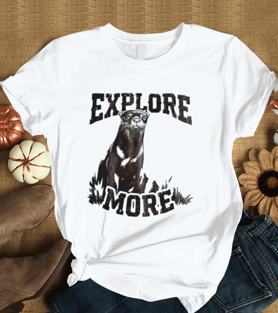 Explore More River Otter Tall Grass Distressed Woodcut Black White T-Shirt