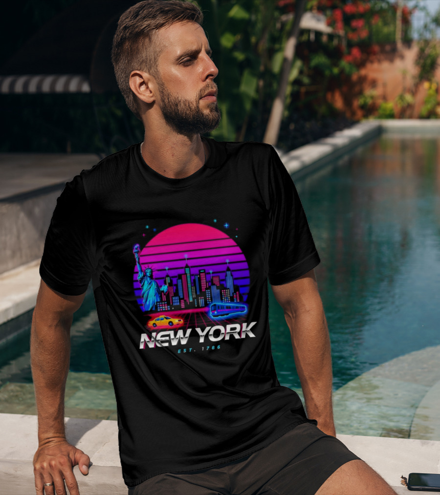 New York Est 1786 Cityscape Synthwave Statue Of Liberty Neon Skyline Retro Car T-Shirt