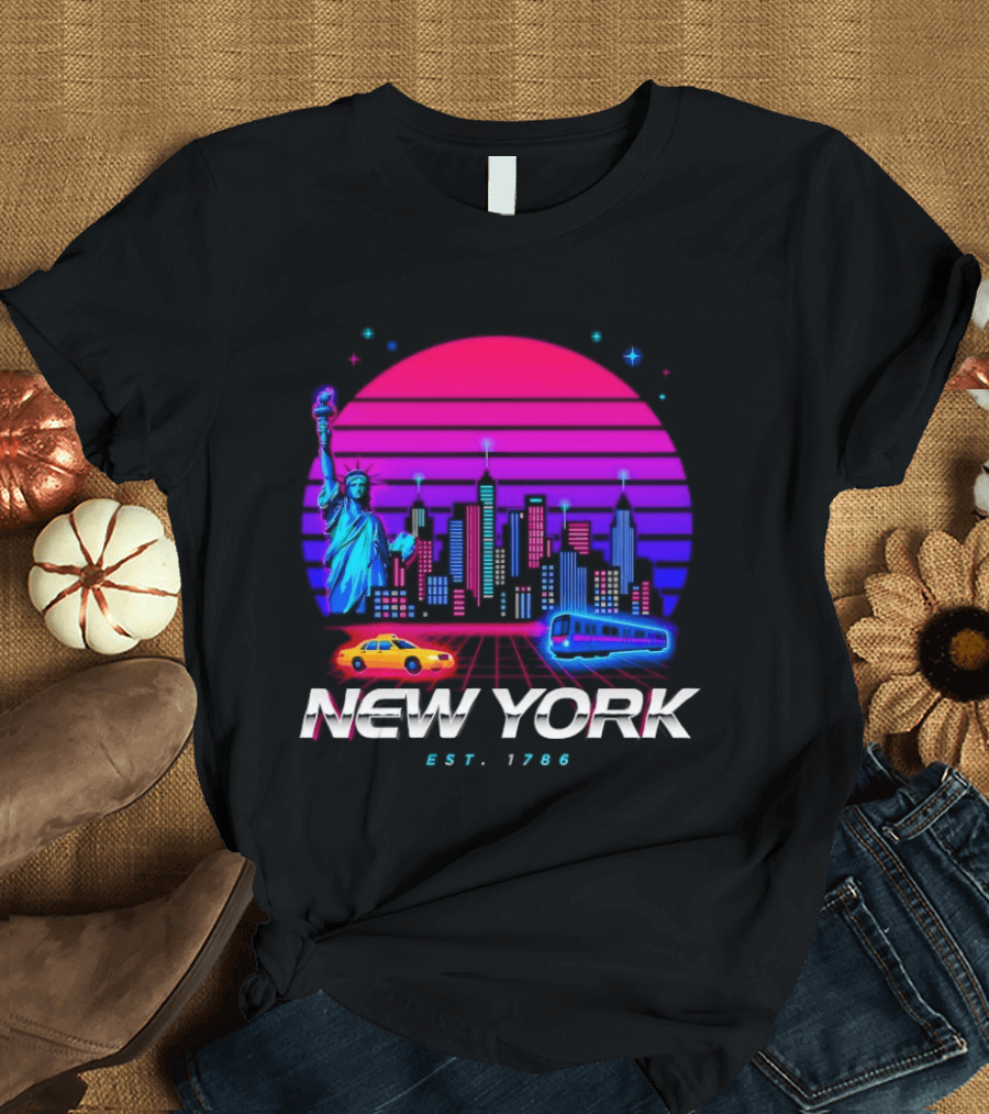 New York Est 1786 Cityscape Synthwave Statue Of Liberty Neon Skyline Retro Car T-Shirt