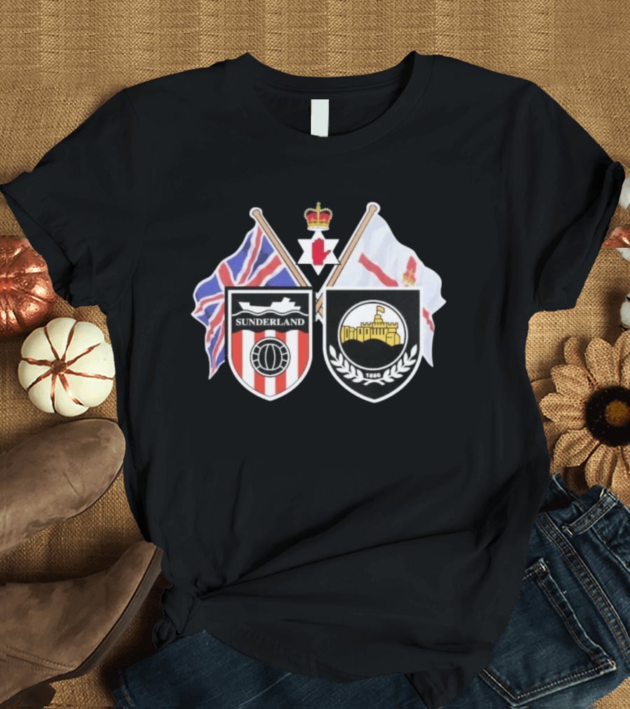 Sunderland And Linfield FC Crests Union Jack Northern Ireland Flags T-Shirt