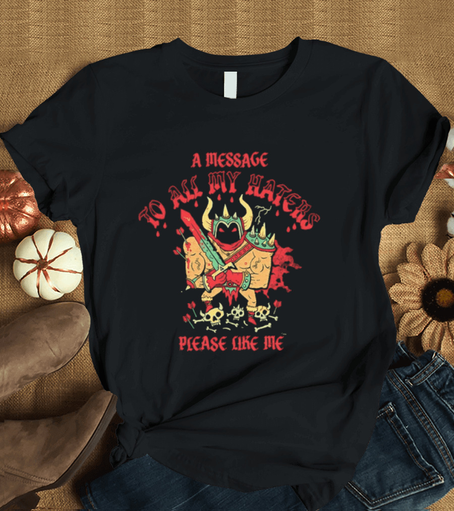 A Message To All My Haters Please Like Me Horned Warrior With Swords Skulls And Flames T-Shirt