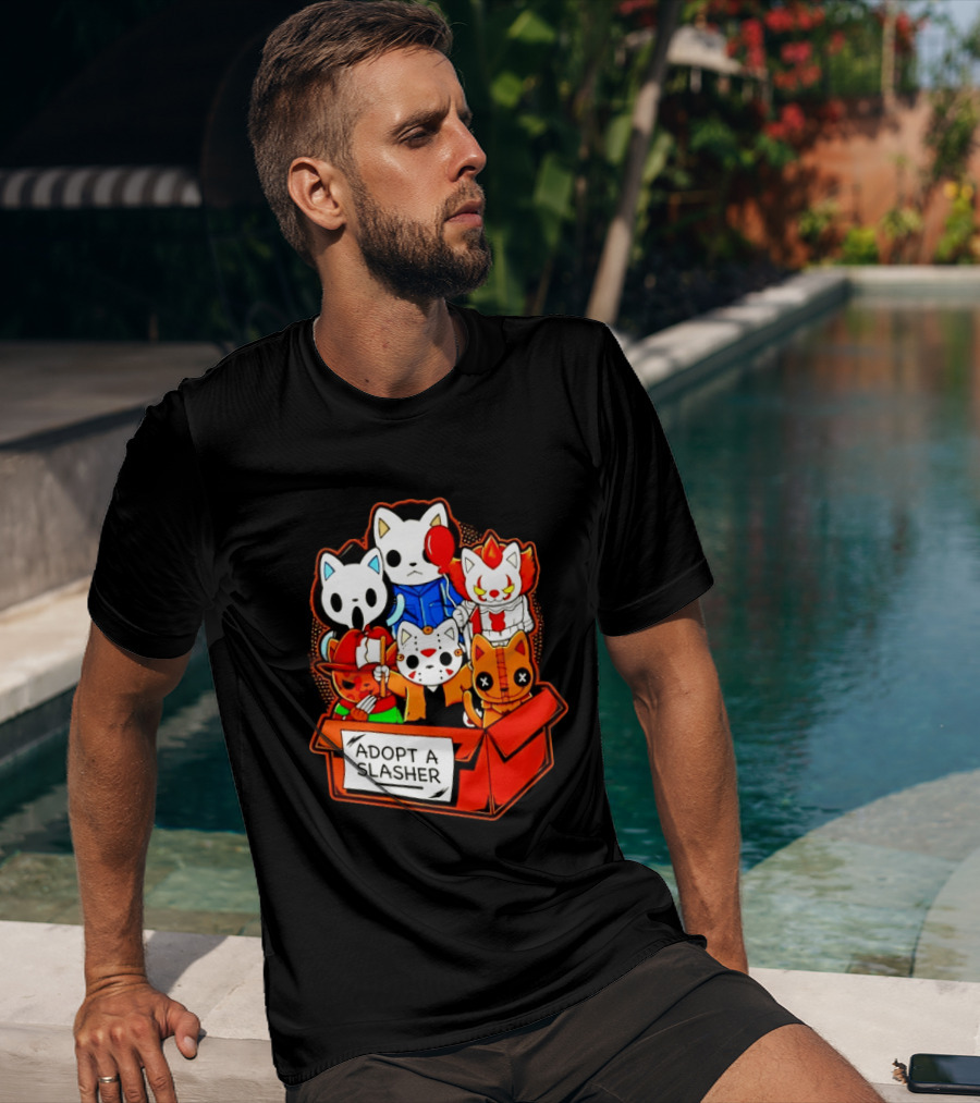 Adopt A Slasher Horror Movie Cat Characters Box Featuring Iconic Halloween Villains T-Shirt