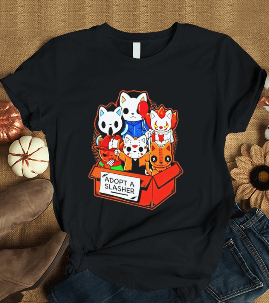 Adopt A Slasher Horror Movie Cat Characters Box Featuring Iconic Halloween Villains T-Shirt