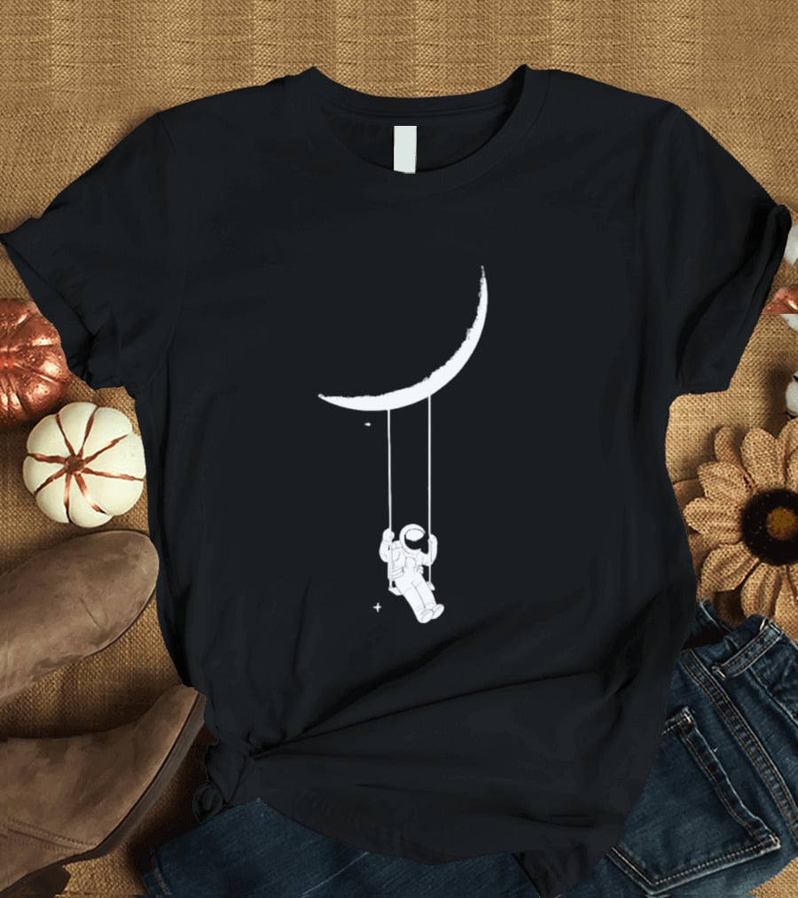 Astronaut Swinging On Crescent Moon Space Scene T-Shirt