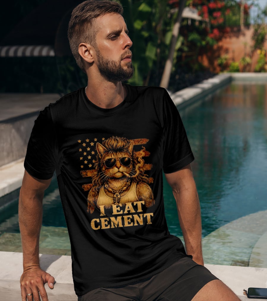 I Eat Cement Mullet Cat With Sunglasses And American Flag T-Shirt